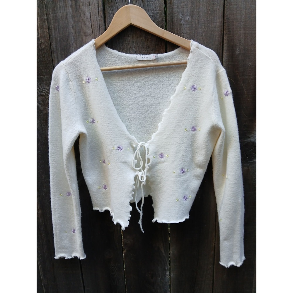 LUSH Cropped Romantic Floral Embroidered Cream Front Tie‎ Cardigan S